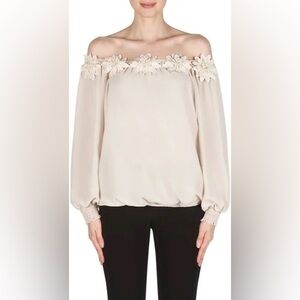 Joseph Ribkoff off shoulder floral champagne blouse size 14 shirt